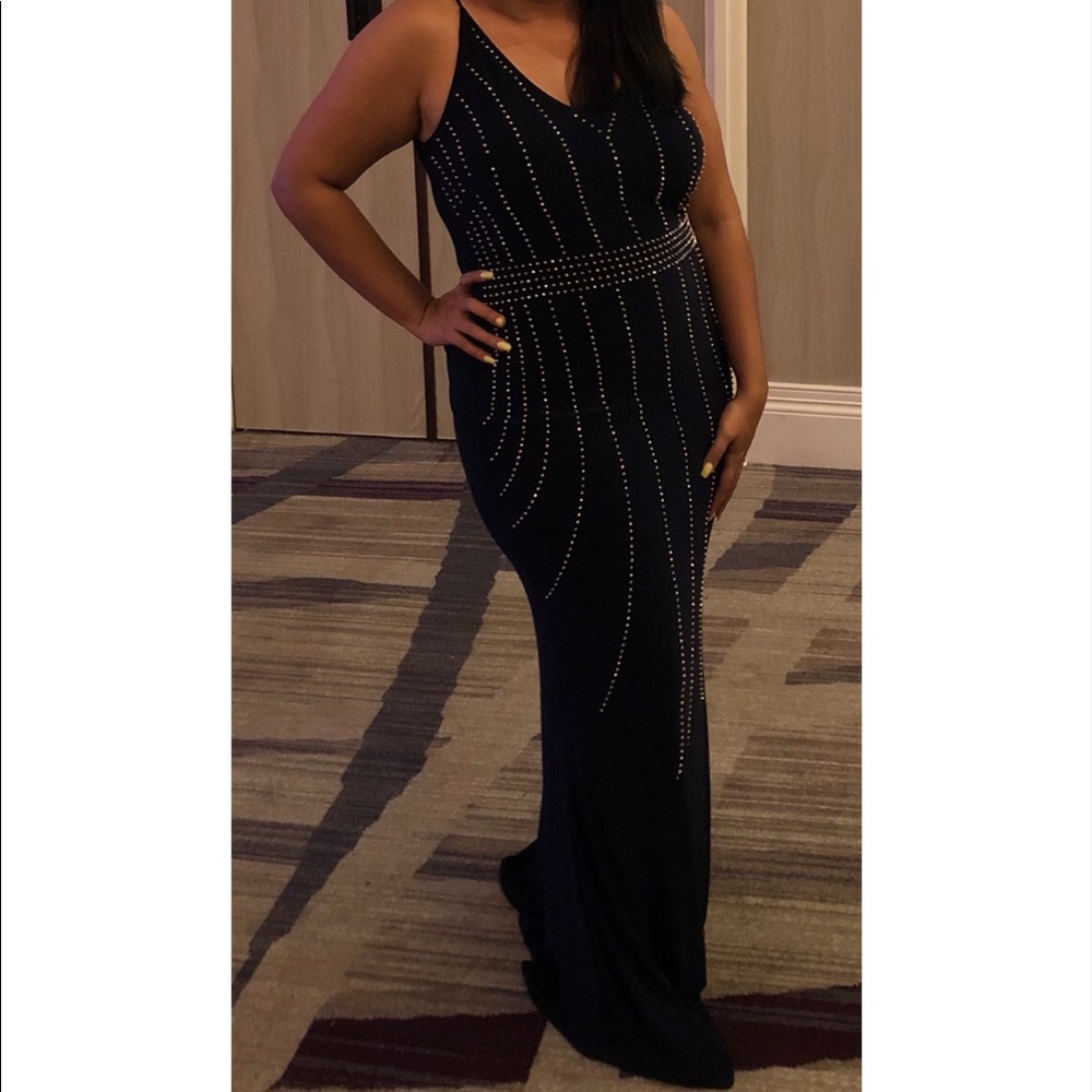 Frank Lyman blue navy mermaid dress with rhinestones